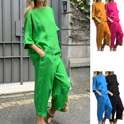 💞Vente chaude🔥Costume décontracté en coton et lin de couleur unie pour femme 【Achetez-en 2, livraison gratuite】