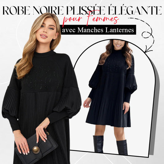 🔥HOT SALE💞53% DE RÉDUCTION💞Robe Noire Plissée Élégante avec Manches Lanternes pour Femmes 👗