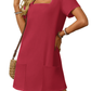 💕Vente du dernier jour 50% de réduction 👗Robe décontractée à encolure carrée et à poches à manches courtes pour femmes