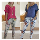 💐Ensemble deux pièces pour femme - chemise unie en coton et lin et pantalon décontracté à motif floral👚👖