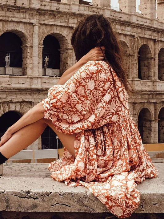 🔥50% DE RÉDUCTION🔥Robe courte d'été tunique florale à col en V et demi-manches
