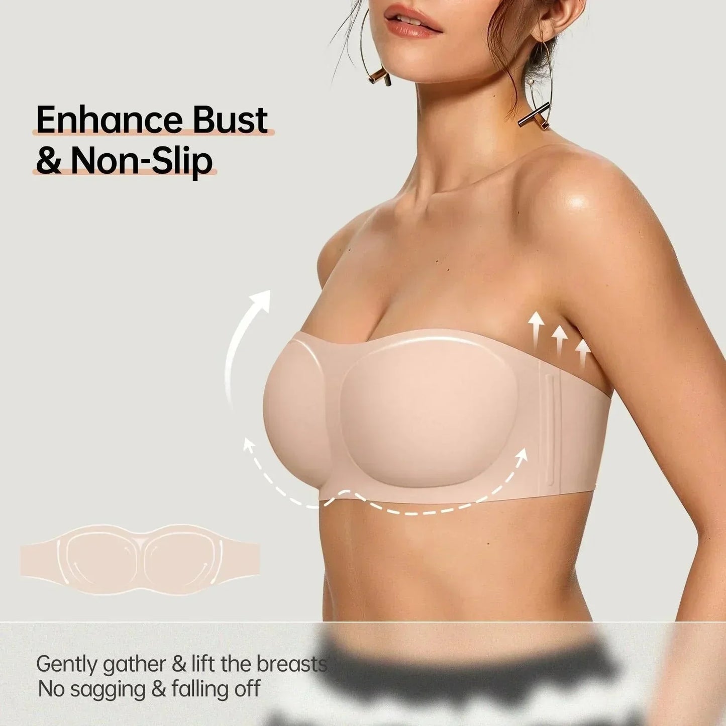 ⛱️Special Price ￡11.99!💞Women's Strapless Bras Push Up Bandeau Bra Non Slip Seamless Wireless Supportive Padded Bra