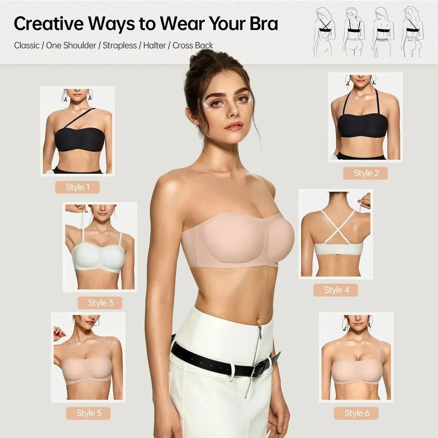 ⛱️Special Price ￡11.99!💞Women's Strapless Bras Push Up Bandeau Bra Non Slip Seamless Wireless Supportive Padded Bra