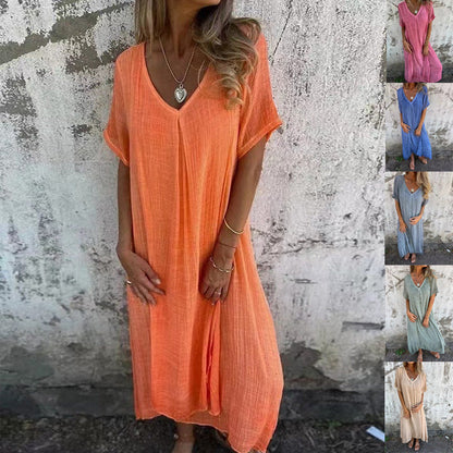 🔥Offre Spéciale Robe ample en coton et lin à col en V pour femme👗