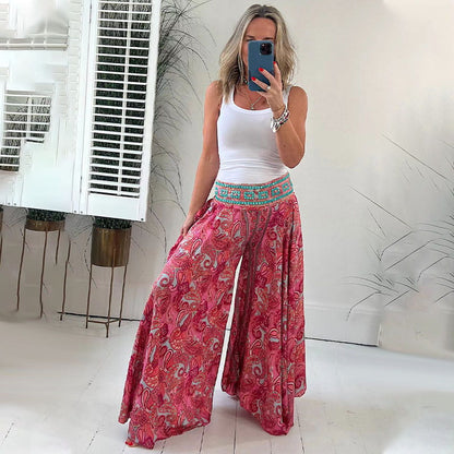 💃50% de réduction💥Pantalon léger à taille élastiquée et patchwork, imprimé marguerite ethnique