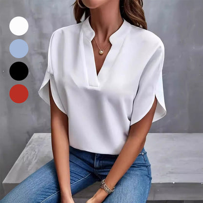 Haut à manches courtes et col en V de couleur unie pour femme