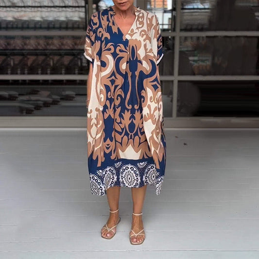 🌸Robe midi imprimée et décontractée avec décolleté en V