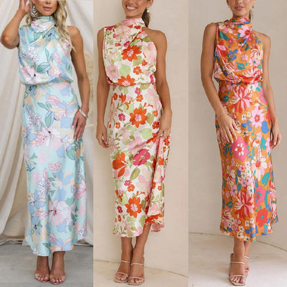 ✨Jusqu'à 67 % de réduction✨Robe longue à fleurs et col licou à taille élastique Love In The Garden