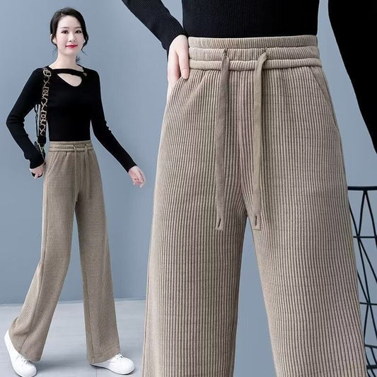 🔥 NEW HOT SALE🎁Pantalon épais pour femme, couleur unie, jambe droite et large, cordon de serrage