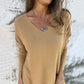 💕 Blouse tricotée confortable à manches longues et col en V pour femme avec fentes latérales