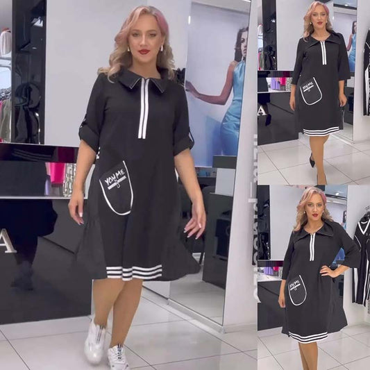 Robe trapèze noire chic pour femme avec bordure contrastante et détails de poche