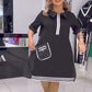 Robe trapèze noire chic pour femme avec bordure contrastante et détails de poche