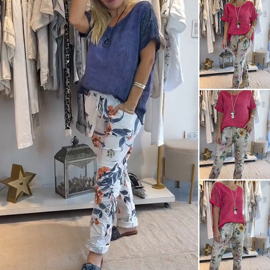💐Ensemble deux pièces pour femme - chemise unie en coton et lin et pantalon décontracté à motif floral👚👖