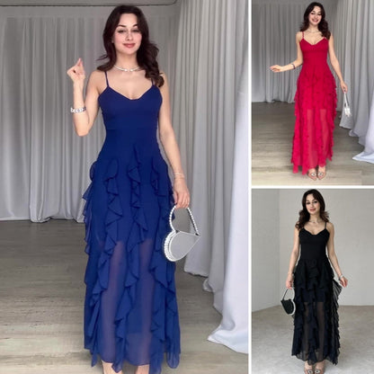 🎁Offre spéciale -50%⏳Robe longue élégante à volants et bretelles spaghetti pour femme