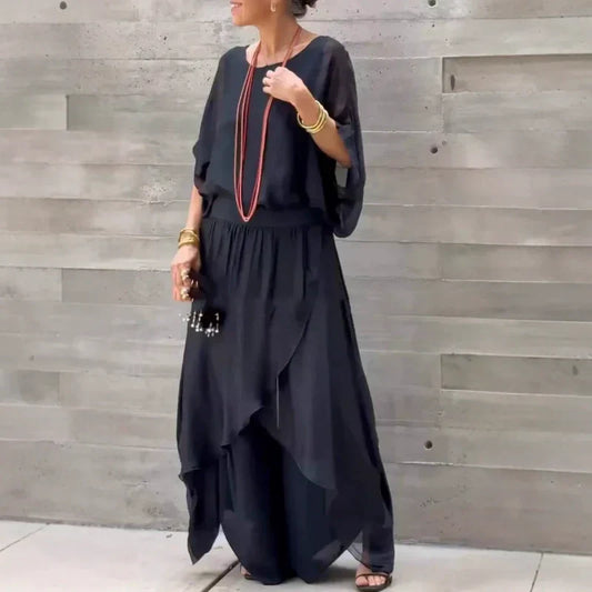 Ensemble 2 Pièces en Chiffon : Haut Ample et Pantalon Fendu à Jambes Larges