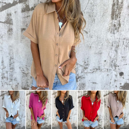 🌞Nouveau style d'été💐👗 Chemise décontractée ample de couleur unie pour femme