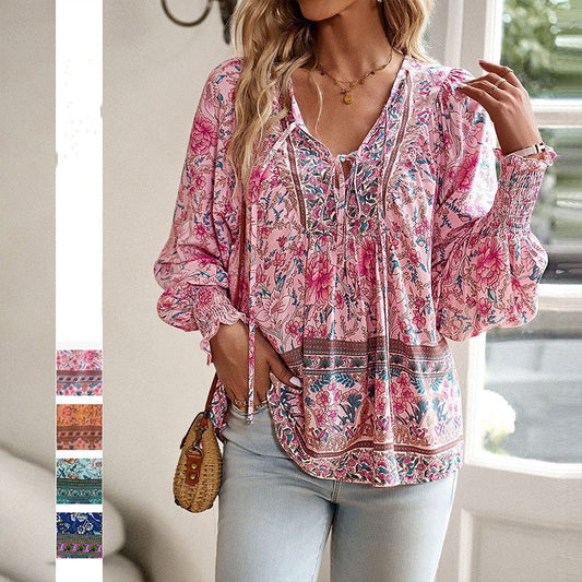 💖Chemise à manches longues à col V imprimé pour femmes