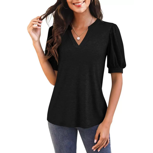 💥Spécialités d'été👚T-shirt élégant à manches courtes bouffantes et col en V pour femme