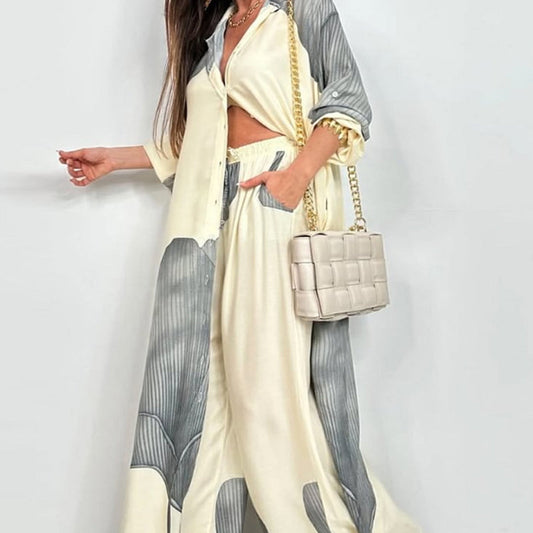 Ensemble chemise longue boutonnée et pantalon à cordon de serrage（Livraison gratuite ✈️）