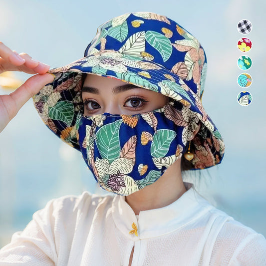 Chapeau de Soleil Floral à Large Bord avec Masque