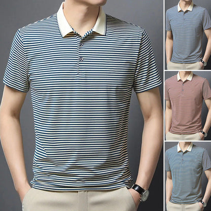 👕T-shirt à revers respirant à rayures pour homme