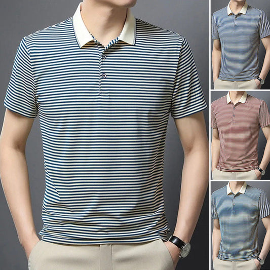 👕T-shirt à revers respirant à rayures pour homme