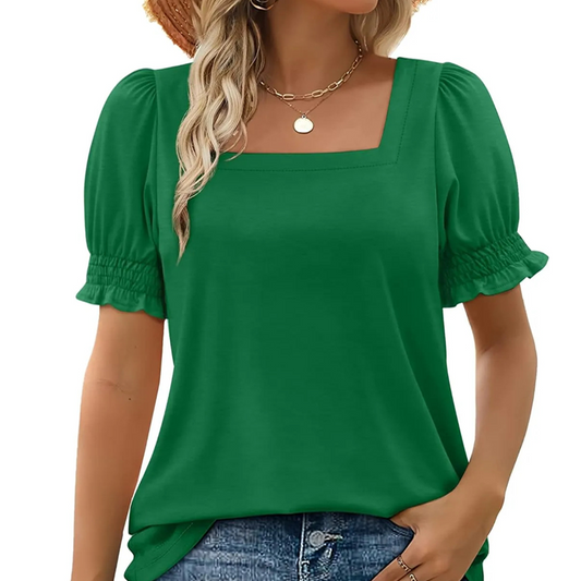 T-shirt décontracté à col carré et manches froncées pour femme
