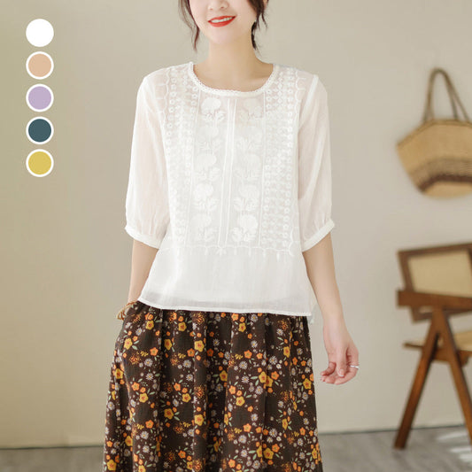 Chemise à manches courtes et col rond en coton et lin respirant à broderie fine pour femme
