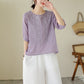 Chemise à manches courtes et col rond en coton et lin respirant à broderie fine pour femme