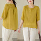Chemise à manches courtes et col rond en coton et lin respirant à broderie fine pour femme