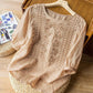 Chemise à manches courtes et col rond en coton et lin respirant à broderie fine pour femme
