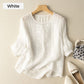 Chemise à manches courtes et col rond en coton et lin respirant à broderie fine pour femme