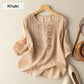 Chemise à manches courtes et col rond en coton et lin respirant à broderie fine pour femme