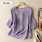 Chemise à manches courtes et col rond en coton et lin respirant à broderie fine pour femme