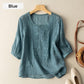Chemise à manches courtes et col rond en coton et lin respirant à broderie fine pour femme