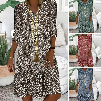 ☀Robe imprimée à manches cinq-quarts printemps/été