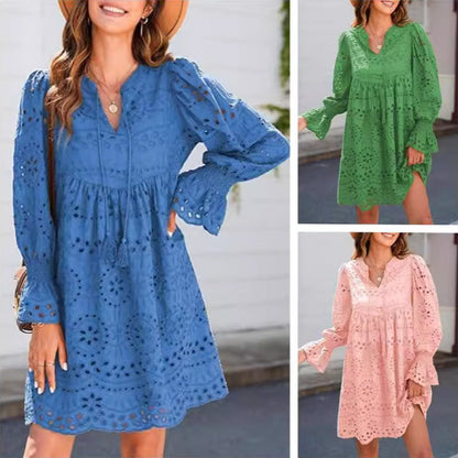 🌸Spécial printemps🌸🌿Robe ajourée à lacets et col en V pour femme avec manches évasées