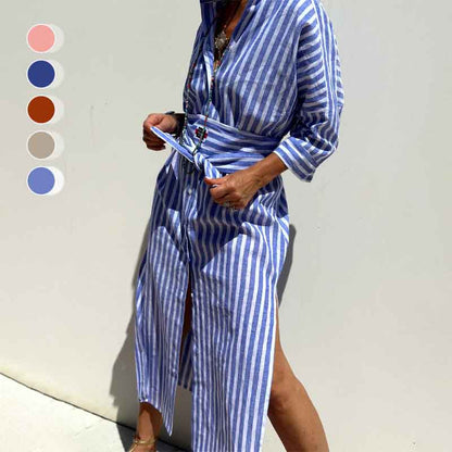 Robe chemise ample rayée à demi-manches