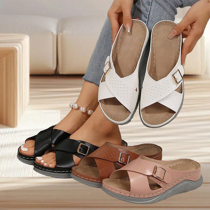 Chaussons de plage pour femmes, couleur unie, avec boucle de ceinture croisée