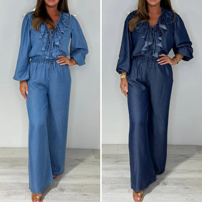 Ensemble deux pièces pour femme : chemisier à manches longues avec volants à plusieurs niveaux sur le col en V et pantalon large