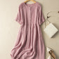 Robe chemise en coton et lin à manches courtes de style rétro