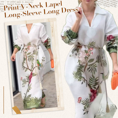 Robe longue à manches longues pour femme avec imprimé, col en V et col