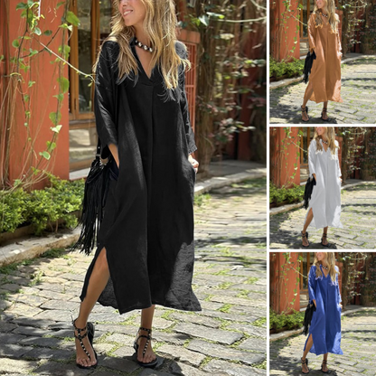Robe longue décontractée pour femme avec col en V, poches et ourlet fendu