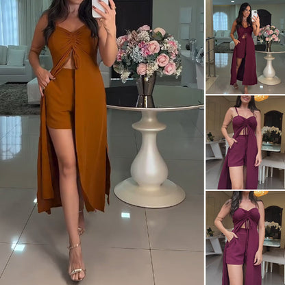 Ensemble deux pièces tendance pour femme de couleur unie : haut long à bretelles spaghetti et short