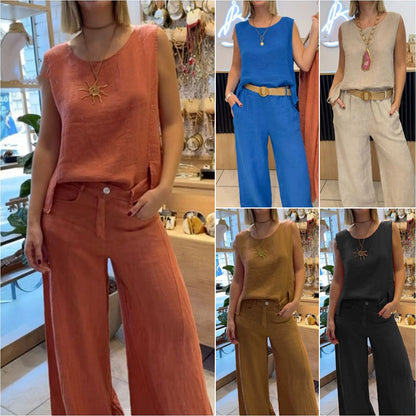Ensemble 2 pièces haut sans manches et pantalon large de couleur unie