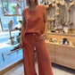 Ensemble 2 pièces haut sans manches et pantalon large de couleur unie