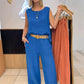 Ensemble 2 pièces haut sans manches et pantalon large de couleur unie