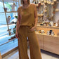 Ensemble 2 pièces haut sans manches et pantalon large de couleur unie