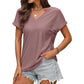 T-shirt col en V ajouré pour femme, couleur unie, confortable et respirant