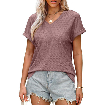 T-shirt col en V ajouré pour femme, couleur unie, confortable et respirant